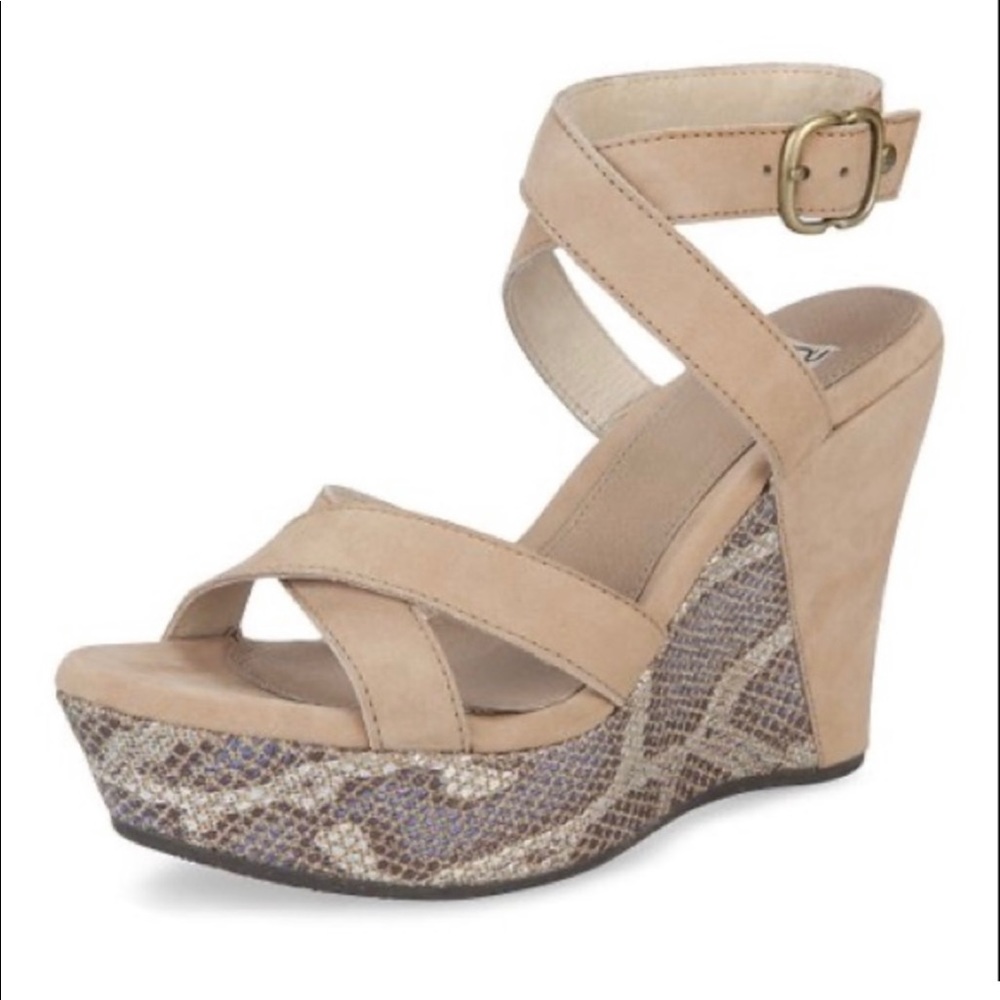 UGG Arian Snake Platform Wedge Ankle Wrap Tan Leather Sandals Womens Size 7.5